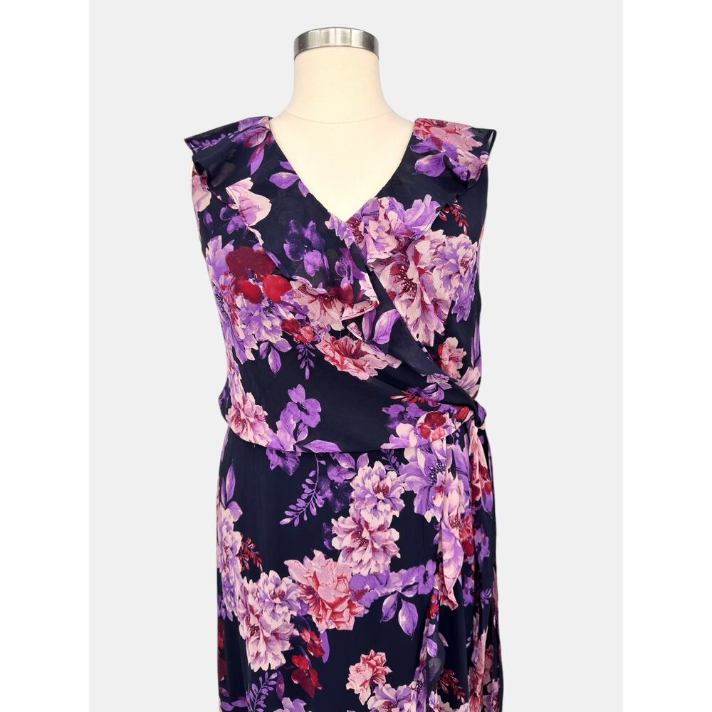 London Times Woman Navy Chiffon Faux Wrap Ruffle High Low Maxi Dress Size 20W - Picture 4 of 14